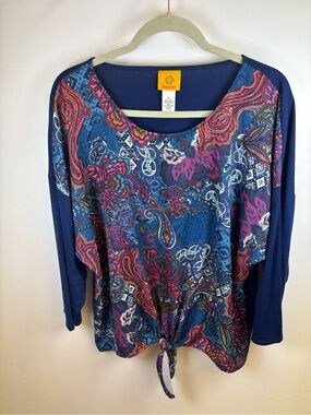 RUBY ROAD TUNIC TOP BLOUSE  WOMEN XL  ROYAL BLUE WITH FLORAL DESIGN
POLYESTER